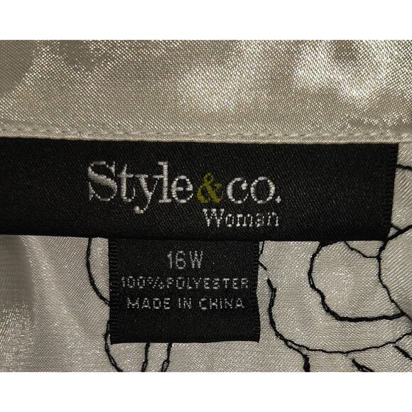 Style & Co Satin Blouse Top 16W Embroidered Black White Flared 3/4 Sleeves - Picture 9 of 16